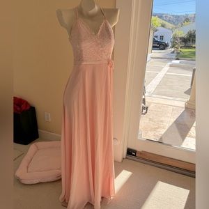 Peach padded cups lace halter neck long dress